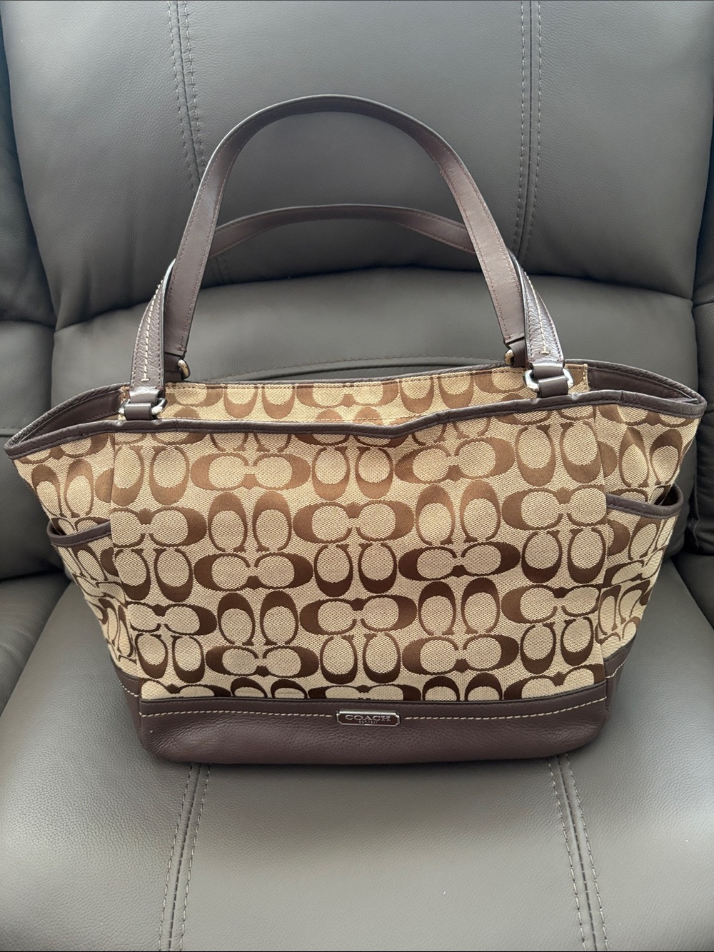 Coach Beige and Brown Signature Canvas Tote